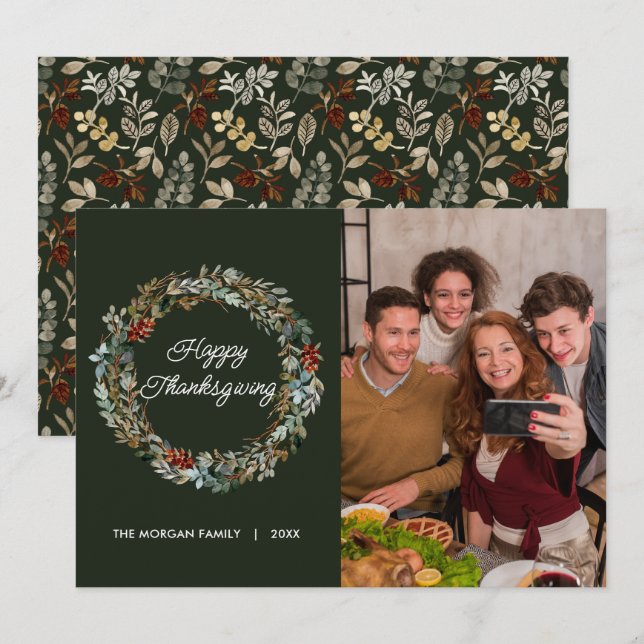 Elegant Watercolor Leaves Thanksgiving Photo Holiday Card (Front/Back)
