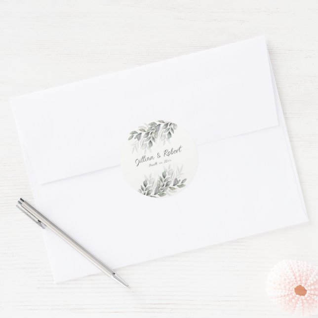 Elegant Watercolor Leaves Wedding Classic Round Sticker (Envelope)