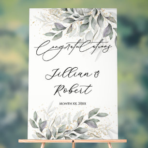 Elegant Watercolor Leaves Wedding Congratulations Acrylic Sign