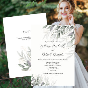 Elegant Watercolor Leaves Wedding with RSVP Invitation