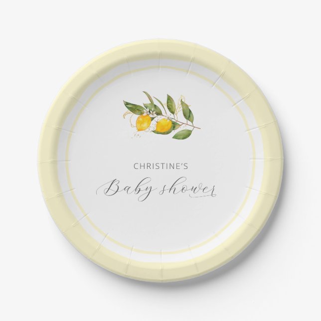 Elegant Watercolor Lemon Baby Shower Paper Plate (Front)