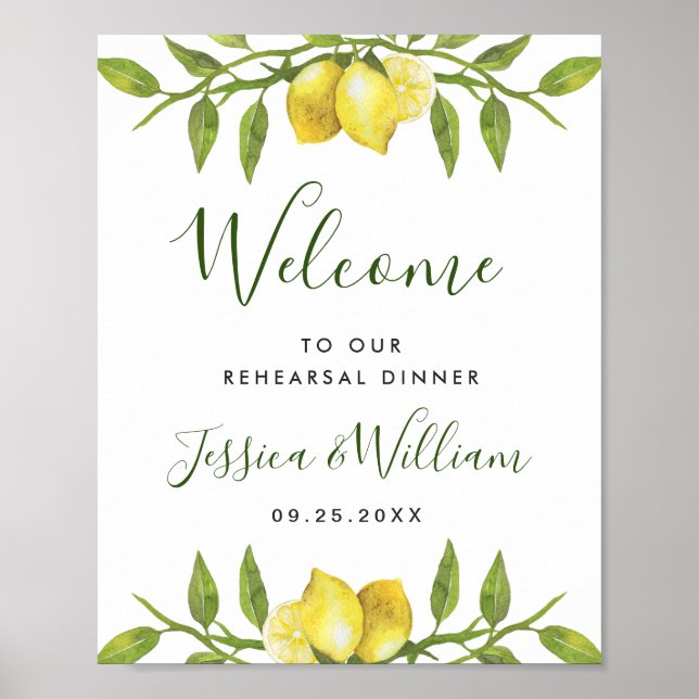 Elegant Watercolor Lemon Greenery REHEARSAL DINNER Poster (Front)