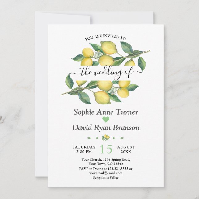 Elegant Watercolor Lemon Mediterranean Wedding Invitation (Front)