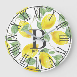 Elegant Watercolor Lemons & Blossoms Monogram Large Clock
