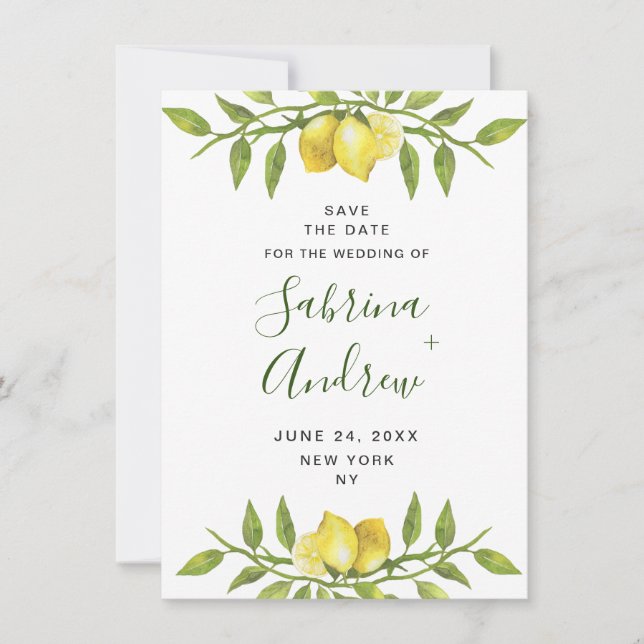 Elegant Watercolor Lemons Greenery Wedding Save The Date (Front)