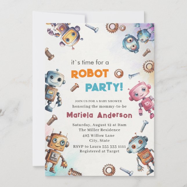 Elegant Watercolor Little Robots Baby Shower Invitation (Front)