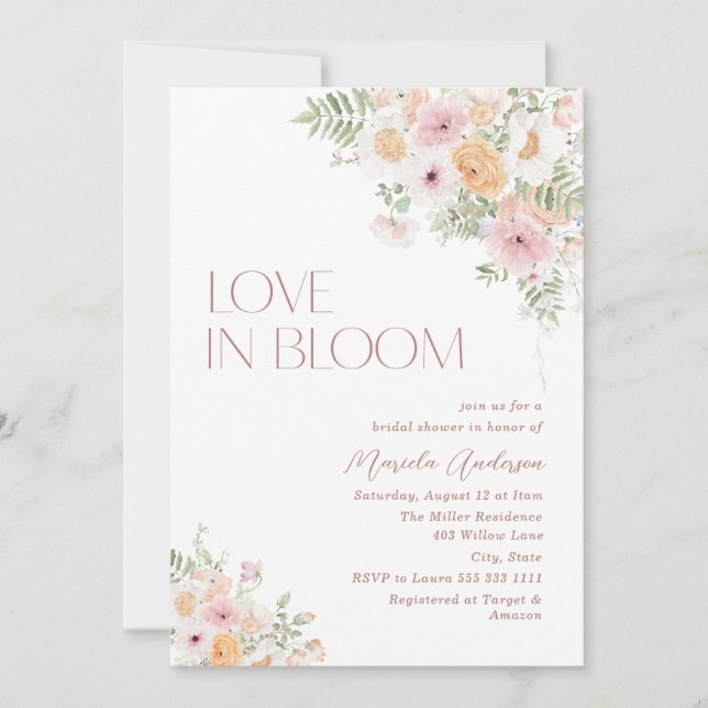 Elegant Watercolor Love in Blooom Pink flowers   B Invitation (Front)