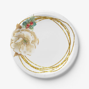 Elegant Watercolor Magnolia and Gold Wreath Paper Plate