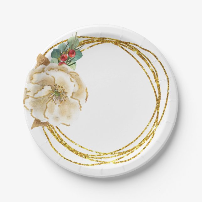 Elegant Watercolor Magnolia and Gold Wreath Paper Plate (Front)