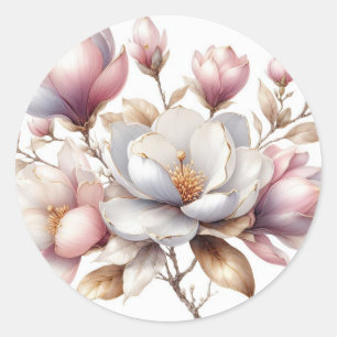 Elegant watercolor magnolia flowers classic round sticker