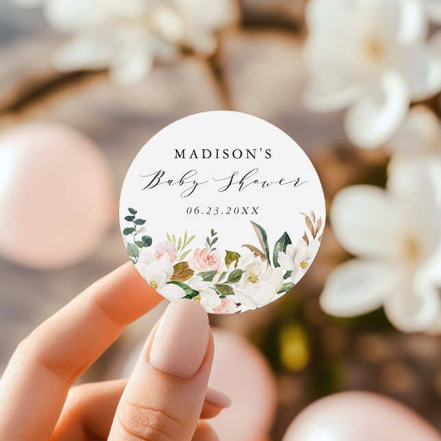 Elegant Watercolor Magnolias Baby Shower Classic Round Sticker (Creator Uploaded)