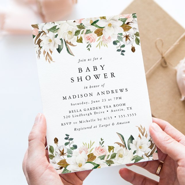 Elegant Watercolor Magnolias Floral Baby Shower Invitation (Creator Uploaded)