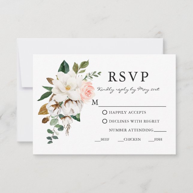 Elegant Watercolor Magnolias Roses Wedding Meal RSVP Card (Front)