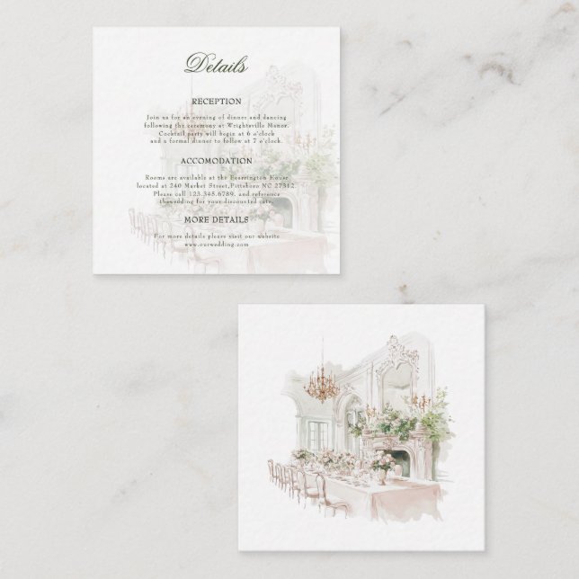 Elegant Watercolor Manor Garden Wedding Details Enclosure Card (Front/Back)