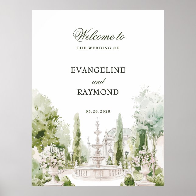 Elegant Watercolor Manor Garden Wedding Poster (Front)