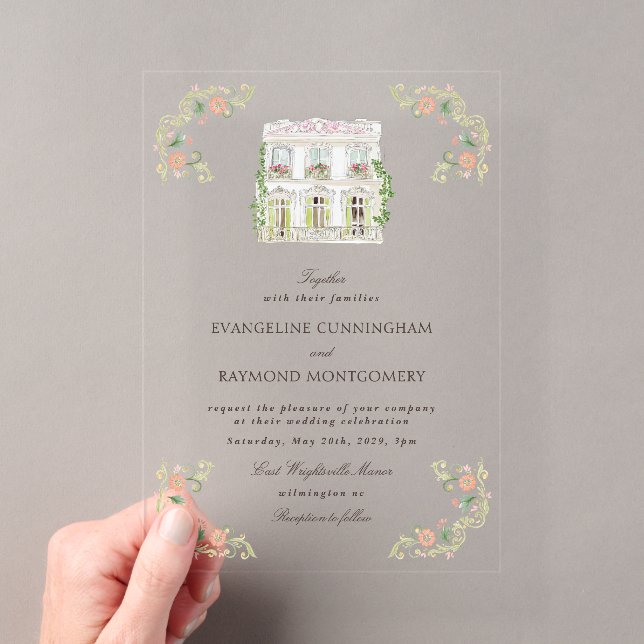Elegant Watercolor Manor Rococo Wedding Acrylic Invitations (Insitu (Handheld))