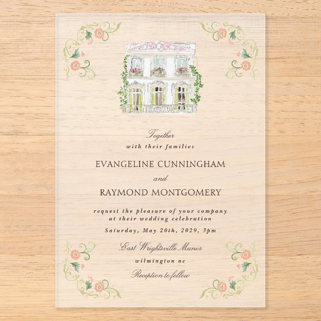 Elegant Watercolor Manor Rococo Wedding Acrylic Invitations (Front)
