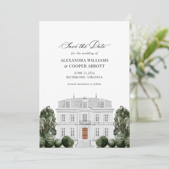 Elegant Watercolor Mansion Save the Date Card (Standing Front)