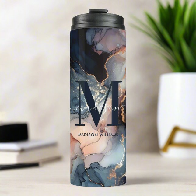 Elegant Watercolor Marble Agate Glitter Monogram  Thermal Tumbler (Creator Uploaded)