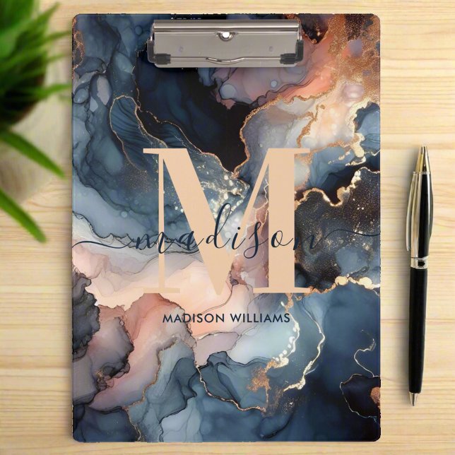 Elegant Watercolor Marble Agate Monogram Name Clipboard (Creator Uploaded)