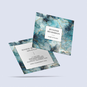 Elegant Watercolor Marble Blue Gold Hairdresser  Square Business Card