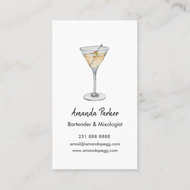 Elegant watercolor Martini bartender, Mixologist  Business Card (Front)
