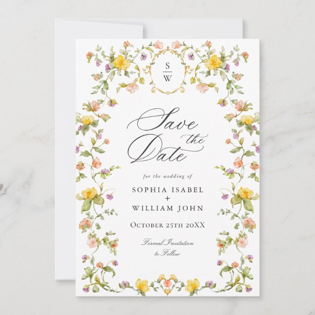 Elegant Watercolor Meadow Wildflower Wedding Photo Save The Date (Front)
