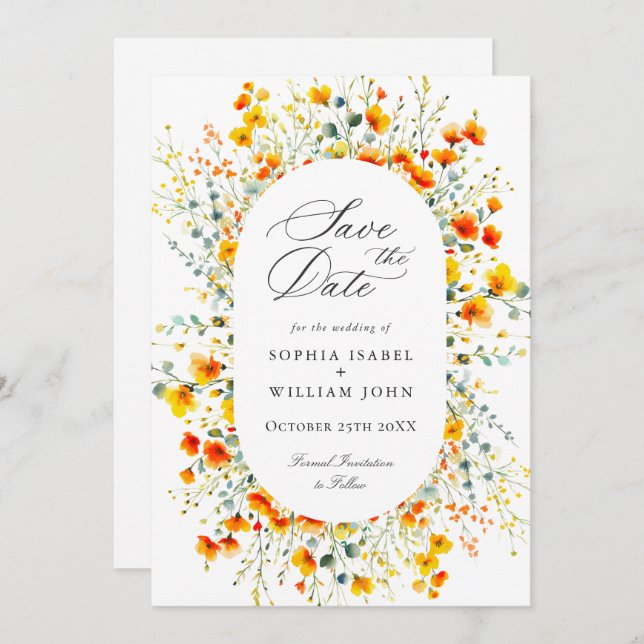 Elegant Watercolor Meadow Wildflower Wedding Save The Date (Front/Back)