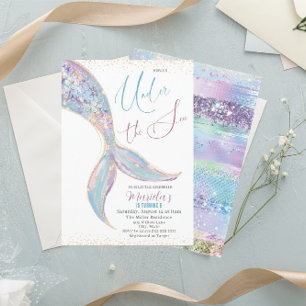 Elegant Watercolor Mermaid Tail Under 5 th Birthda Invitation