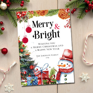 Elegant Watercolor Merry & Bright Christmas Holiday Card
