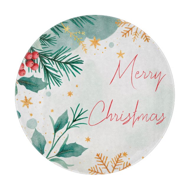 Elegant Watercolor Merry Christmas Glass Cutting  Cutting Board (Front)