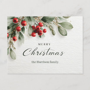 Elegant Watercolor "Merry Christmas" Greeting Holiday Postcard