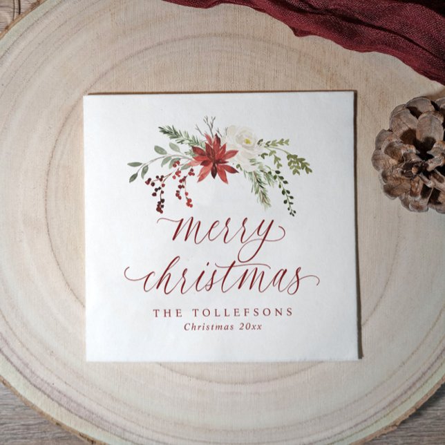 Elegant Watercolor Merry Christmas Holiday Berries Napkin (Elegant Christmas napkins with an elegant botanical watercolor design and "merry Christmas" script)