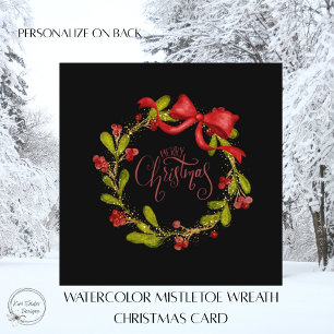 Elegant Watercolor Mistletoe Wreath and Bow Holiday Card
