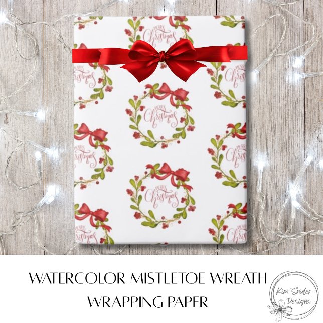 Elegant Watercolor MIstletoe Wreath & Red Bow  Wrapping Paper (Creator Uploaded)