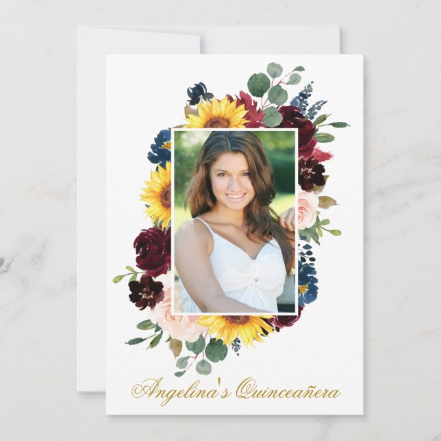 Elegant Watercolor Mixed Floral Photo Quinceanera  Invitation (Front)
