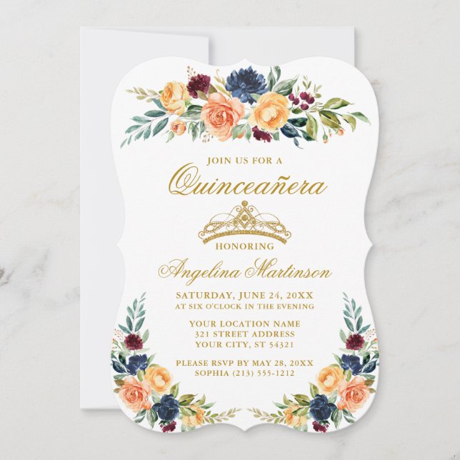 Elegant Watercolor Mixed Floral Quinceanera Invitation (Front)