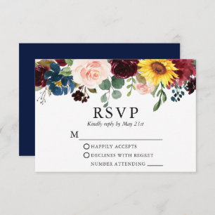 Elegant Watercolor Mixed Floral Wedding Blue RSVP Card