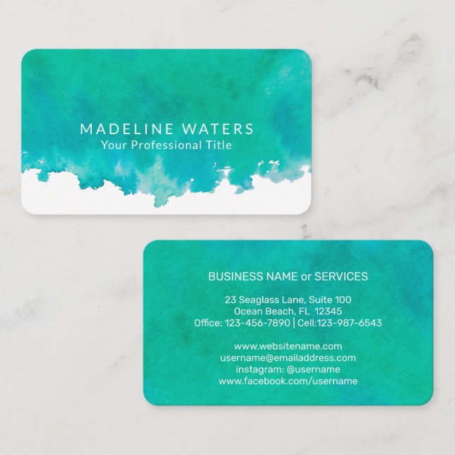 Elegant Watercolor Modern Minimalsit Blue Green Business Card (Front/Back)