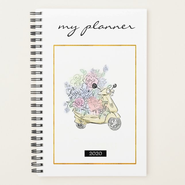 Elegant  Watercolor Modern Pink Bike Flowers Planner (Front)