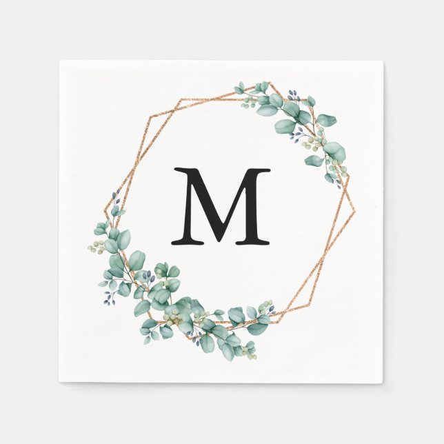 Elegant Watercolor Monogram Gold Green Wedding  Napkin (Front)