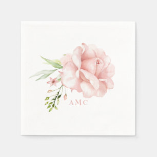 Elegant Watercolor Monogram Pink Floral Cocktail Napkin