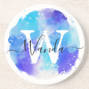 Elegant Watercolor Monogram Stone Coaster
