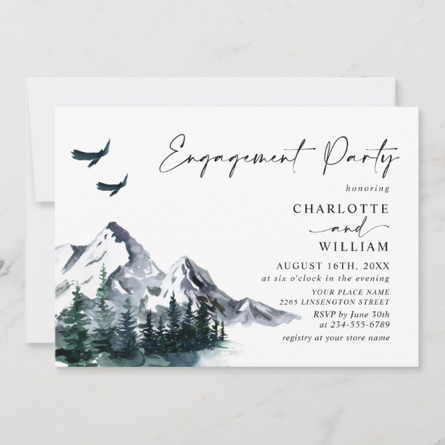 Elegant Watercolor Mountains Engagement Party Invitation (Front)