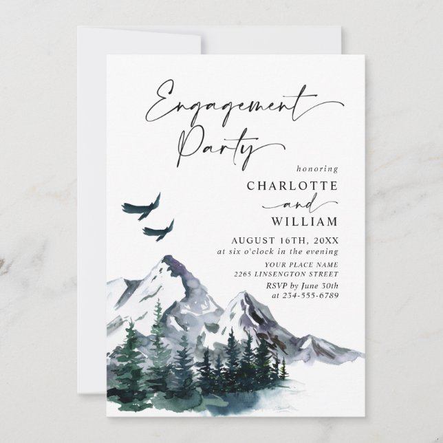 Elegant Watercolor Mountains Engagement Party  Invitation (Front)
