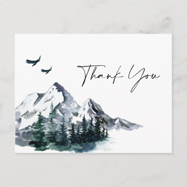 Elegant Watercolor Mountains Forest Thank You QR Postcard (Front)