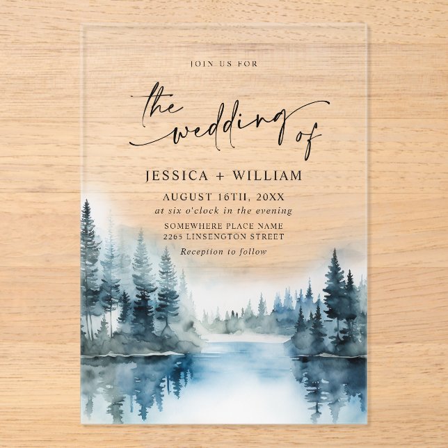 Elegant Watercolor Mountains Forest Wedding Acrylic Invitations (Front)