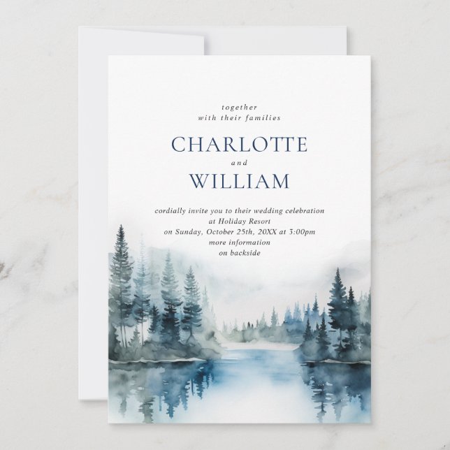 Elegant Watercolor Mountains Forest Wedding Invitation (Front)