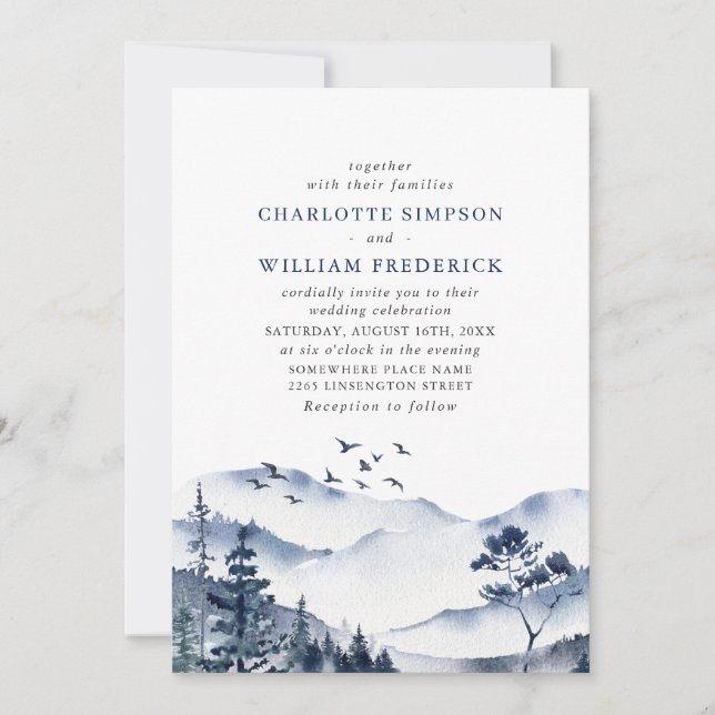 Elegant Watercolor Mountains Forest Wedding Invitation (Front)