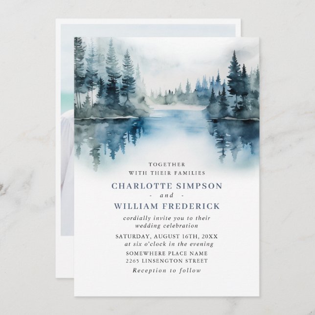 Elegant Watercolor Mountains Forest Wedding Photo Invitation (Front/Back)